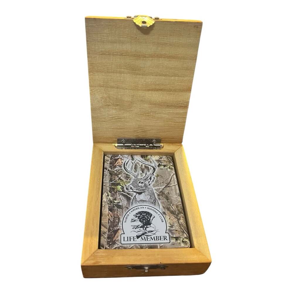 Vintage North American Hunting Club Life Member Wooden Playing Card Box & Cards